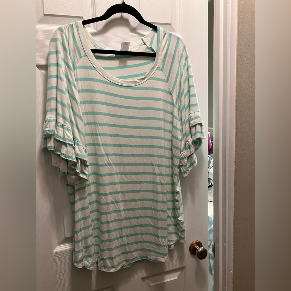 Mint Striped Ruffle Sleeve Tee